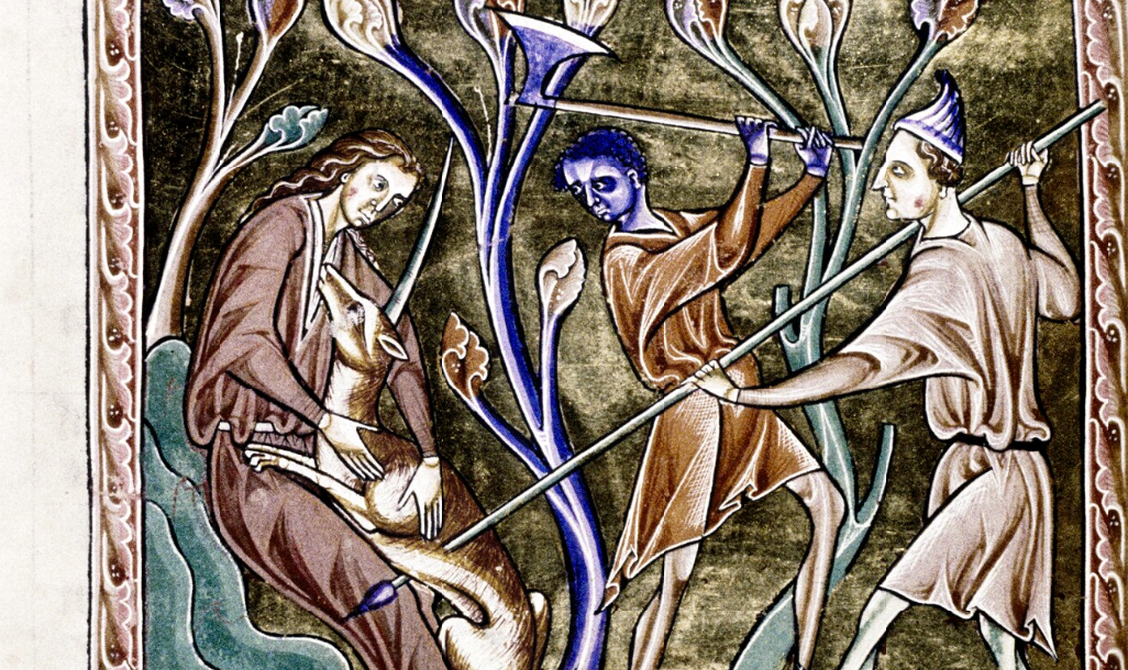 Enluminure médiévale d’une licorne et de chasseurs