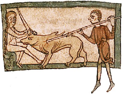 Enluminure médiévale montrant un animal à corne et deux personnages