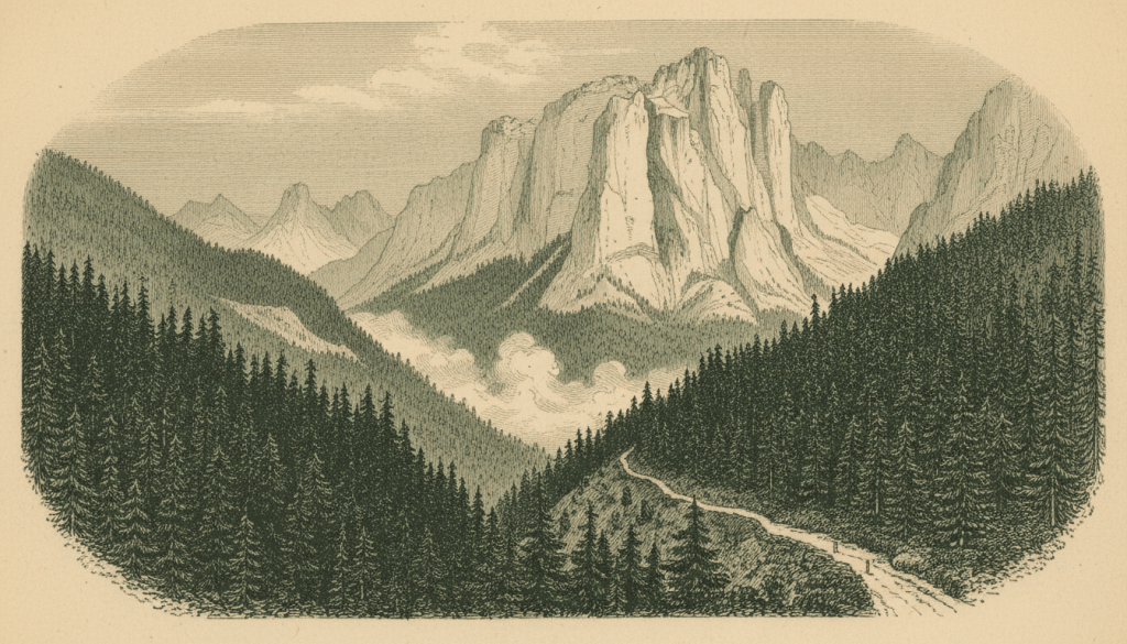 Gravure ancienne d’un paysage du Vercors, entre falaises calcaires, forêt de sapins et sentier de montagne.